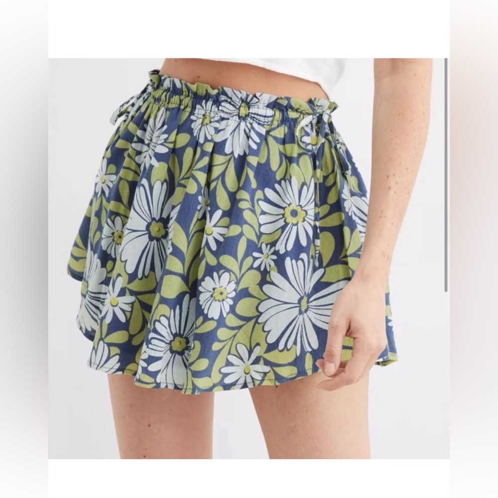 Aerie blue and green side tie Floral Mini Skirt Large NWT